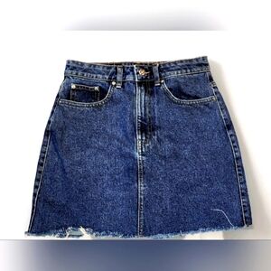 ZARA Trafaluc Denim Blue Jean Mini Skirt ~ Size Small ~ Fringed Hemline 5DJ14M